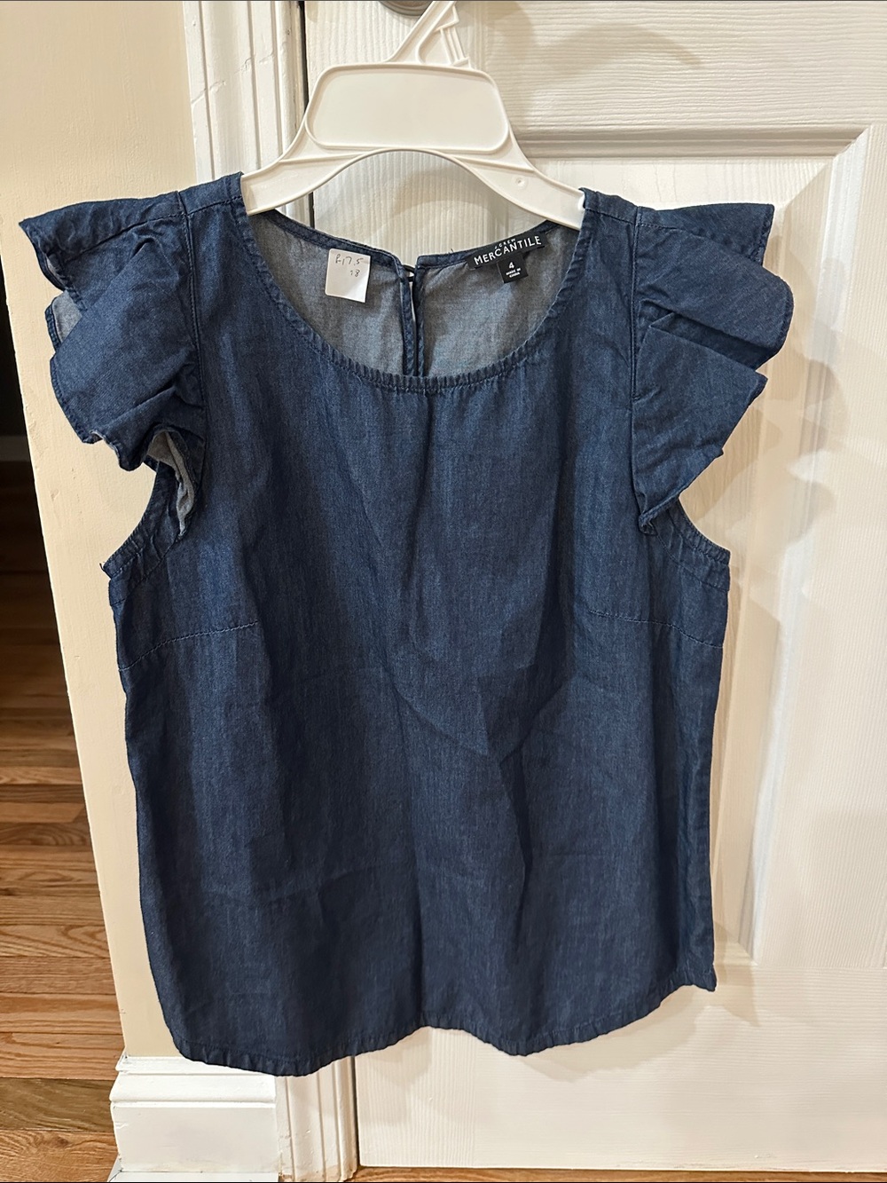 J.Crew Mercantile Dark Indigo Ruffle Sleeve Chambray Blouse- Size 4